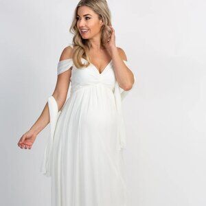 Pink Blush White Chiffon Cold Shoulder Maternity Evening Maxi Gown Dress